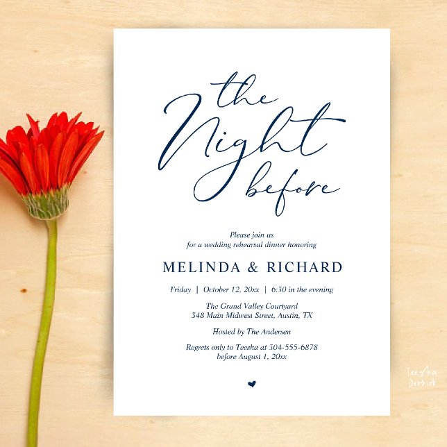 Romantisches Probedinner am Abend vor der Hochzeit Einladung (Modern Romantic Wedding Rehearsal Dinner The Night Before Forever Invites Card in Navy Blue)