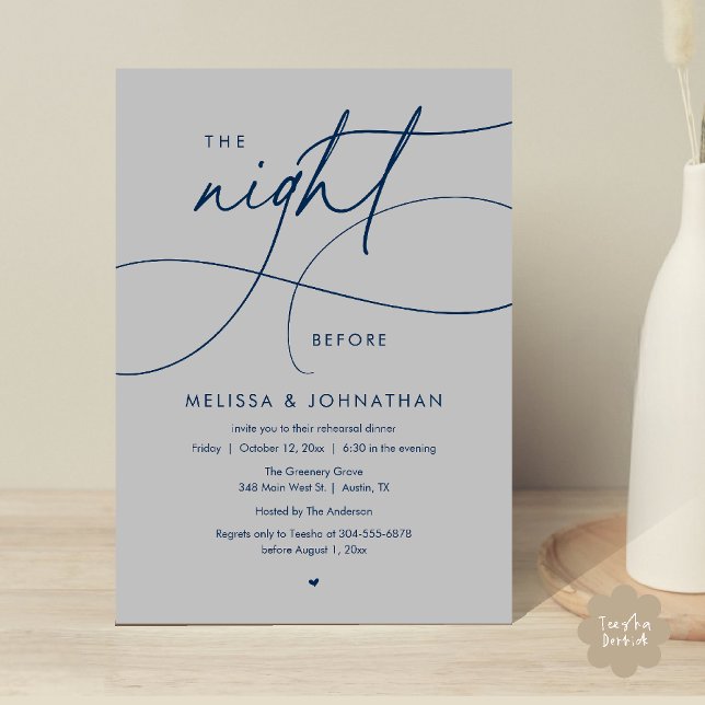 Romantisches Probedinner am Abend vor der Hochzeit Einladung (Romantic The Night Before Wedding Rehearsal Dinner Invitation card in navy blue and dark grey)