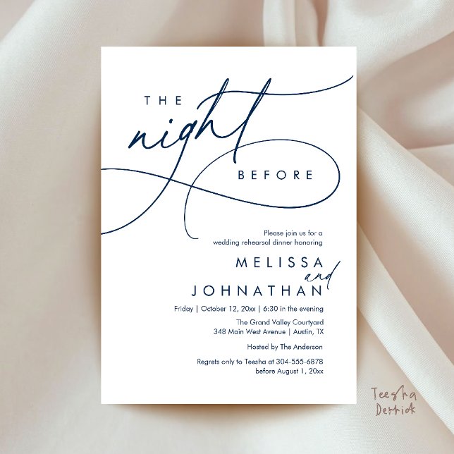 Romantisches Probeessen am Abend vor der Hochzeit Einladung (Romantic Wedding Rehearsal Dinner The Night Before Invitation Card in Navy Blue)