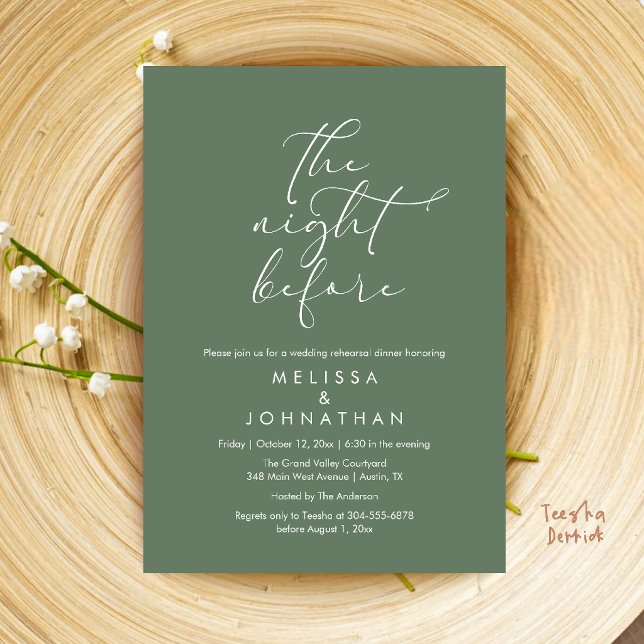 Romantisches Probeessen am Abend vor der Hochzeit Einladung (Romantic Wedding Rehearsal Dinner The Night Before Invitation Card in Sage Green)