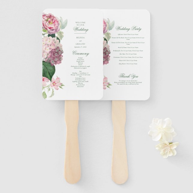 Romantisches rosa Blumen-Garten-Hochzeitsprogramm Fächer (Vorne und Hinten)