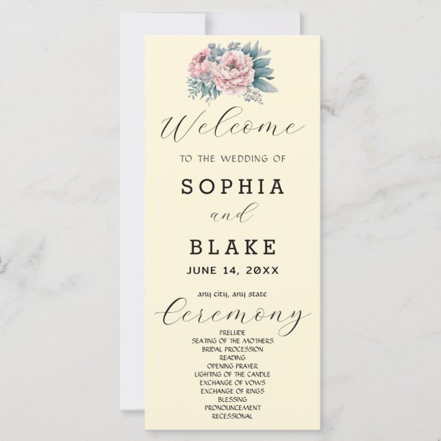 Romantisches Rosa Blumengelb-Hochzeitsprogramm (Vorderseite)
