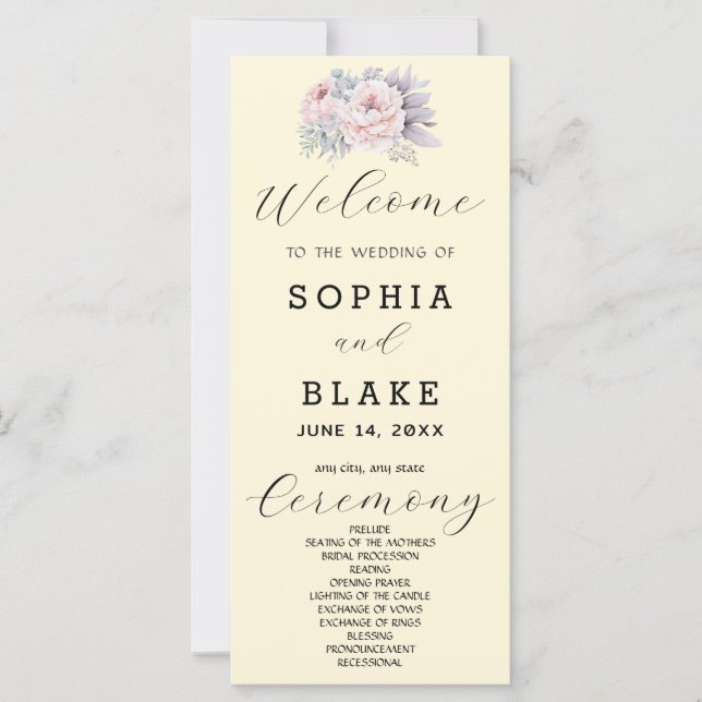 Romantisches Rosa Blumengelb-Hochzeitsprogramm (Vorderseite)