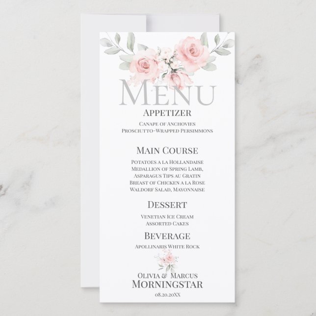 Romantisches rosa Bouquet Wedding Menu (Vorderseite)