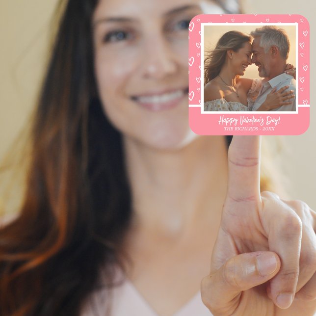 Romantisches Rosa Foto Quadratischer Aufkleber (Romantic Blush Pink Heart Photo Square Sticker)