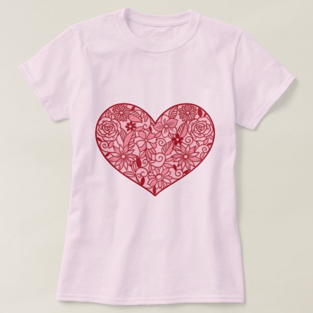 Romantisches rosa Herz der Blume Valentinstag T-Shirt (Design vorne)