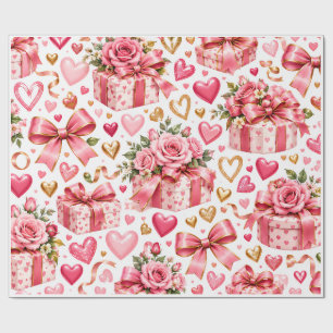 Romantisches rosa Rosen- und Herz-Geschenkverpacku Geschenkpapier