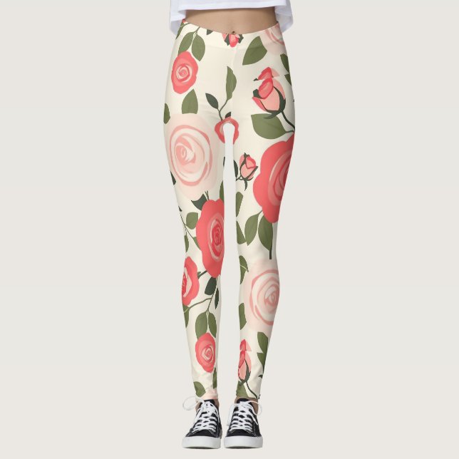 Romantisches rosa Rosenblumenmuster Leggings (Vorderseite)