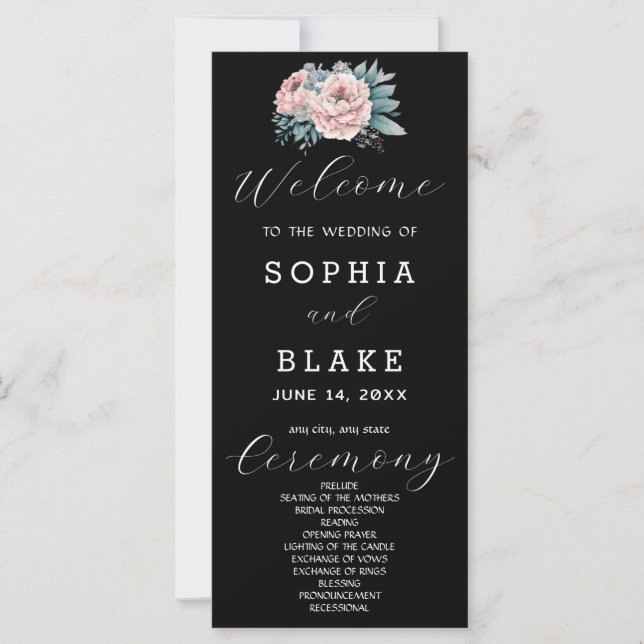 Romantisches Rosa Schwarzes Hochzeitsprogramm (Vorderseite)