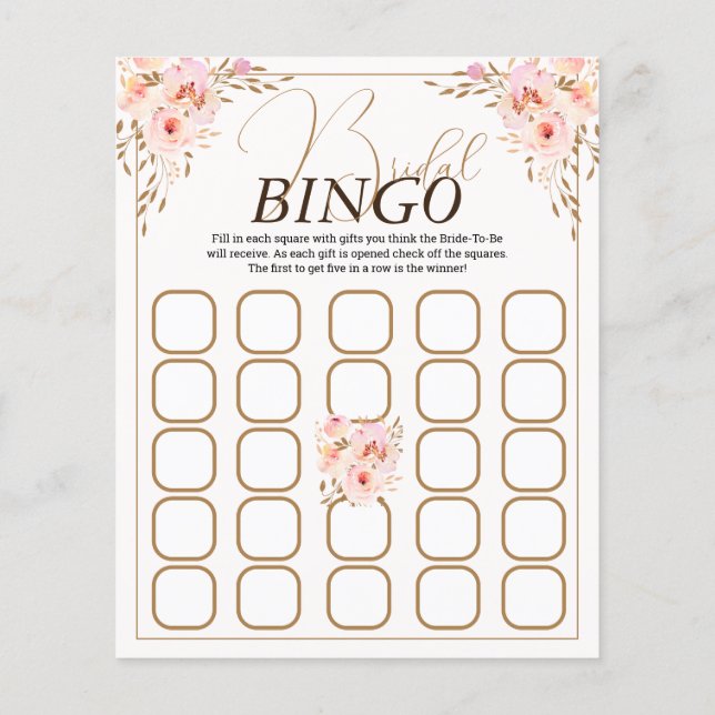 Romantisches Rosa und Gold Floral Bridal Bingo Spi (Rückseite)