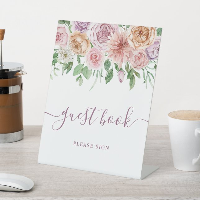 Romantisches Rosa und Lila Rose Gästebuchzeichen Sockelschild (In SItu)