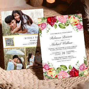 Romantisches Rosa und Rote Rosen QR Code Hochzeit Einladung