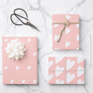 Romantisches Rosa und Weiße Herzen Geschenkpapier Set