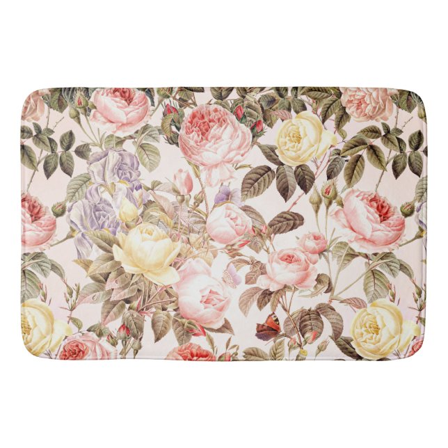Romantisches rosa Vintages Rosen-Blumenmuster Badematte (Vorderseite)