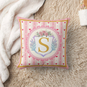 Romantisches Rosa Wasserfarben-Rosen-Monogramm Kissen