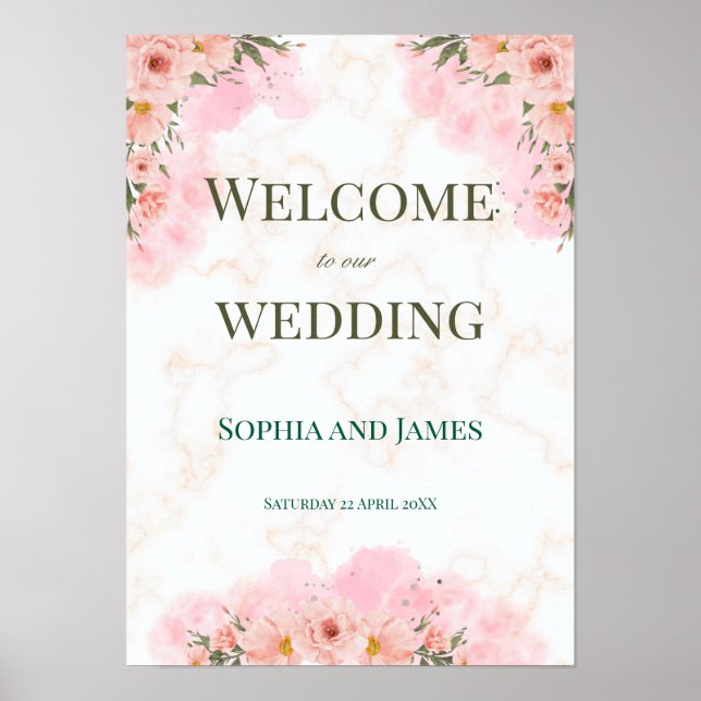 Romantisches rosafarbenes Blumen-Hochzeitsschild Poster (Vorne)