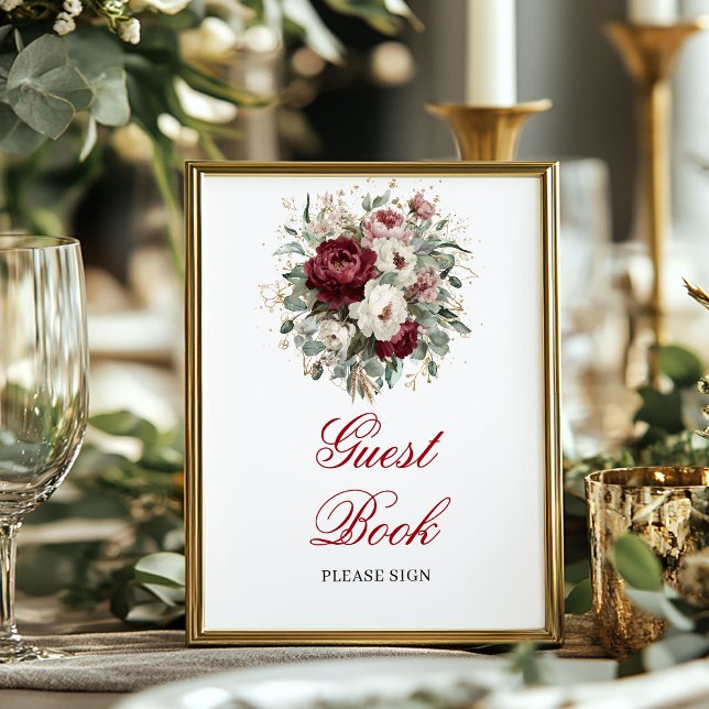 Romantisches Rosafarbenes Burgunder-Gästebuch-Schi Poster (Romantic Blush Burgundy Guest Book Sign)