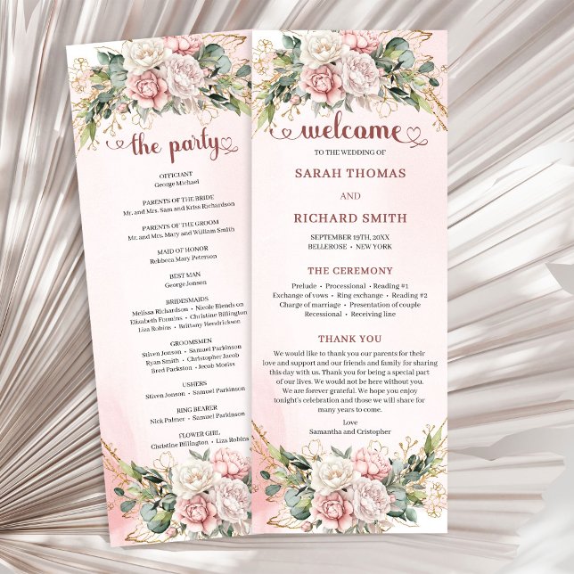 Romantisches Rosé Pink Florales Gold Grün Hochzeit Programm (Romantic Blush Pink Floral Greenery Wedding Program)