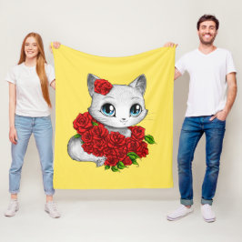 Romantisches Rosen-Katzen-Kunst-Gelb-Fleece-Decke Fleecedecke