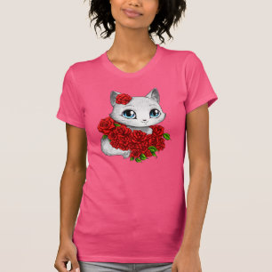 Romantisches Rosen-Katzen-Rosa-dünner Sitz-T - T-Shirt