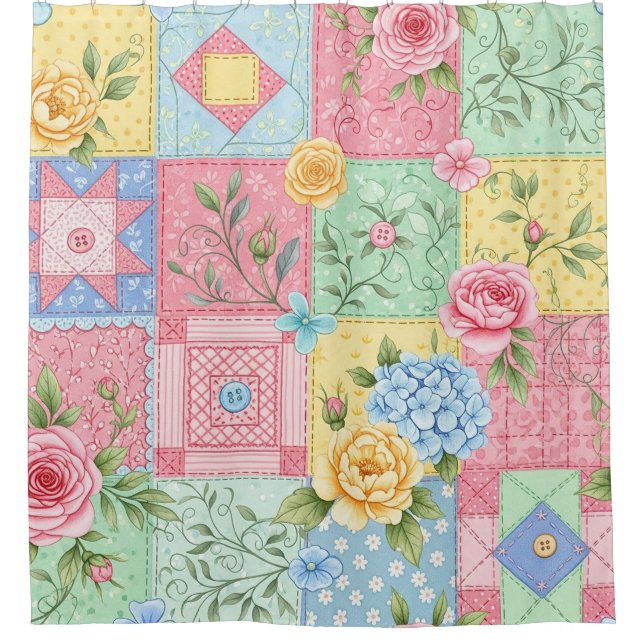 Romantisches Rosen-Patchwork-Muster Duschvorhang (Vorderseite)