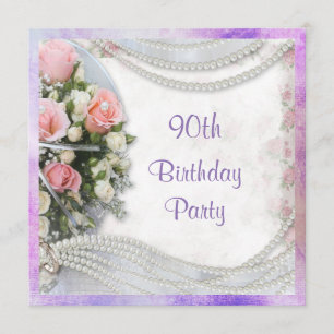 Romantisches Rosen-u. Perlen-90. Geburtstags-Party Einladung