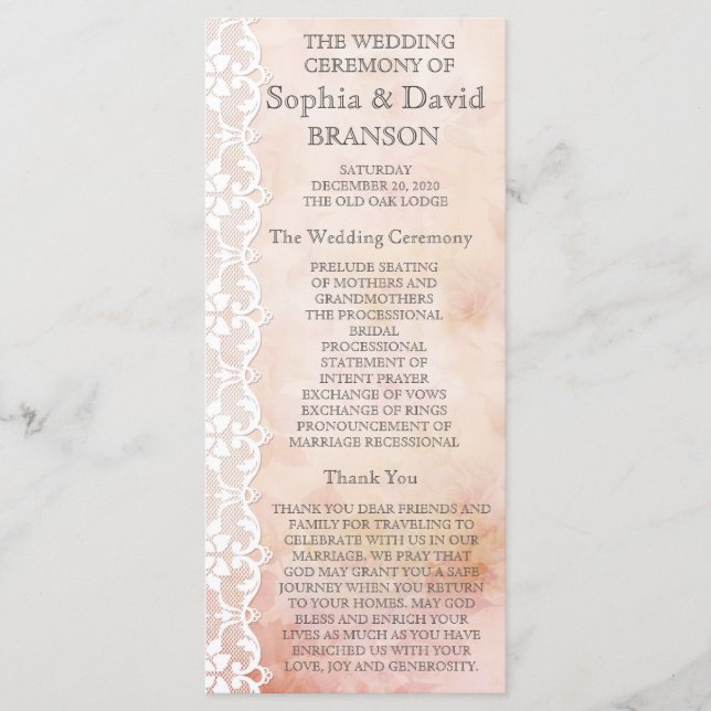 Romantisches Rosen- und Spitzen-Hochzeitsprogramm  Programm (Vorderseite)