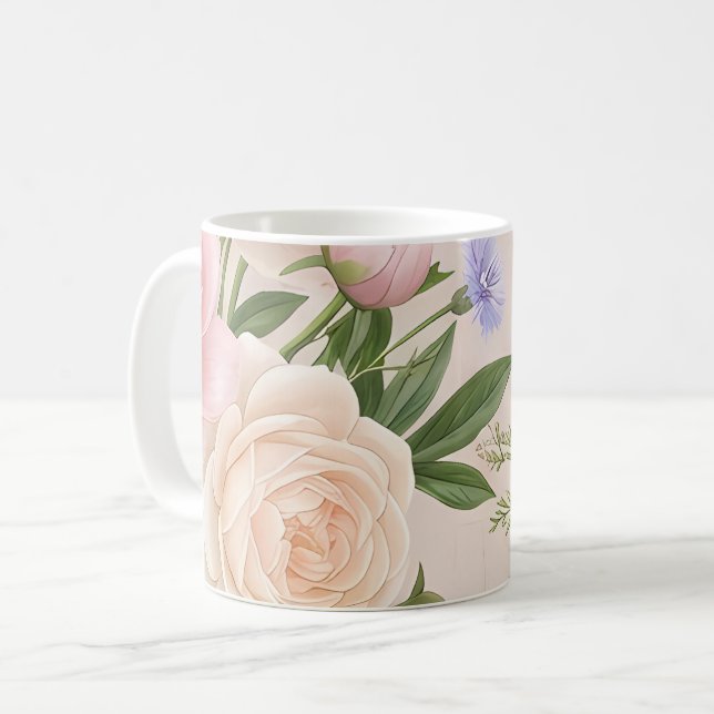 Romantisches Rosengarten-Blütenmuster in rosafarbe Kaffeetasse (Vorderseite Links)