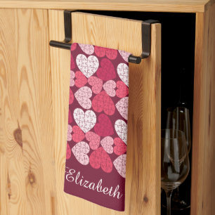 Romantisches Rot-Pink-Puzzle-Herzmuster Geschirrtuch