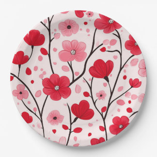 Romantisches rotes Blumenmuster Pappteller
