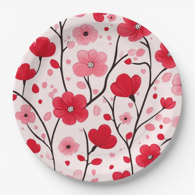 Romantisches rotes Blumenmuster Pappteller (Vorderseite)