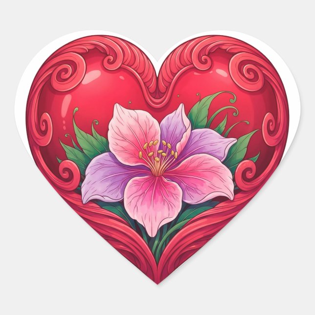 Romantisches rotes Herz mit Blumenzentrum Herz-Aufkleber (Vorderseite)