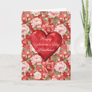 Romantisches rotes Herz rosa Blumen Valentinstag Karte