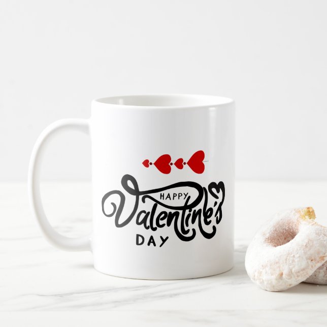 Romantisches Rotes Herz Valentinstag Design Kaffeetasse (Mit Donut)