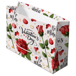 Romantisches rotes Rosen- und Herz-Muster mit Be M Große Geschenktüte