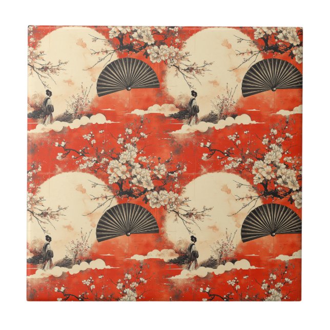 Romantisches Sakura-Kimono-Paar-Muster (1) Fliese (Vorderseite)