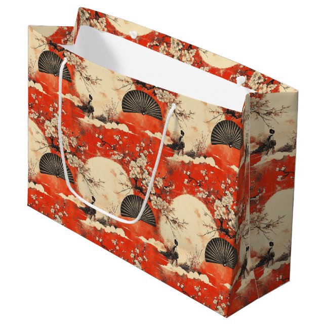 Romantisches Sakura-Kimono-Paar-Muster (1) Große Geschenktüte (Vorderseite Schrägansicht)