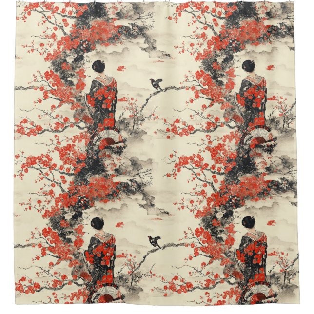 Romantisches Sakura-Kimono-Paar-Muster (2) Duschvorhang (Vorderseite)