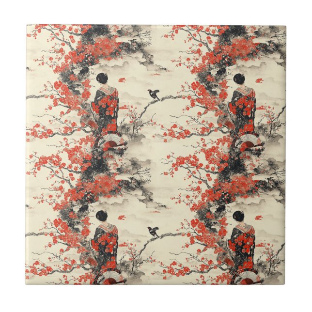 Romantisches Sakura-Kimono-Paar-Muster (2) Fliese (Vorderseite)