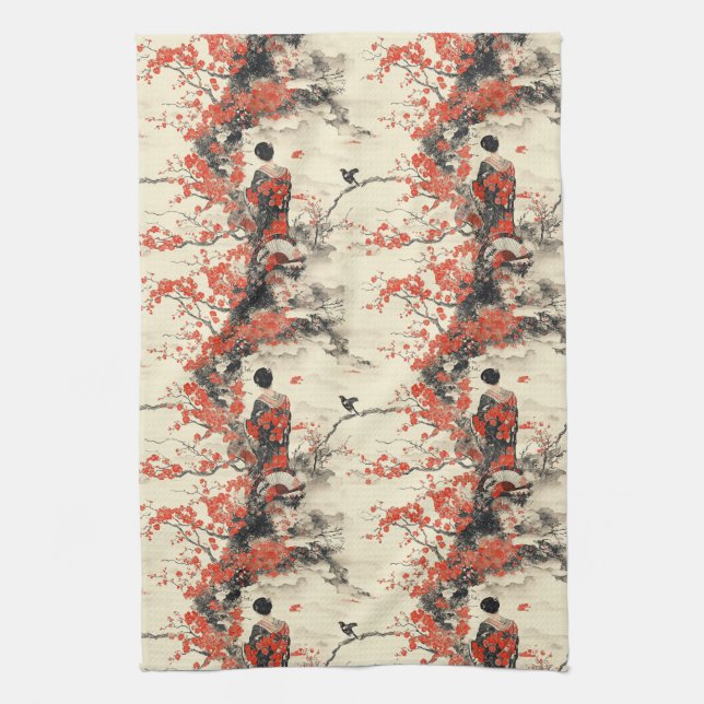Romantisches Sakura-Kimono-Paar-Muster (2) Geschirrtuch (Vertikal)