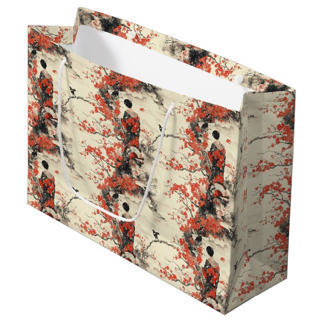 Romantisches Sakura-Kimono-Paar-Muster (2) Große Geschenktüte (Vorderseite Schrägansicht)