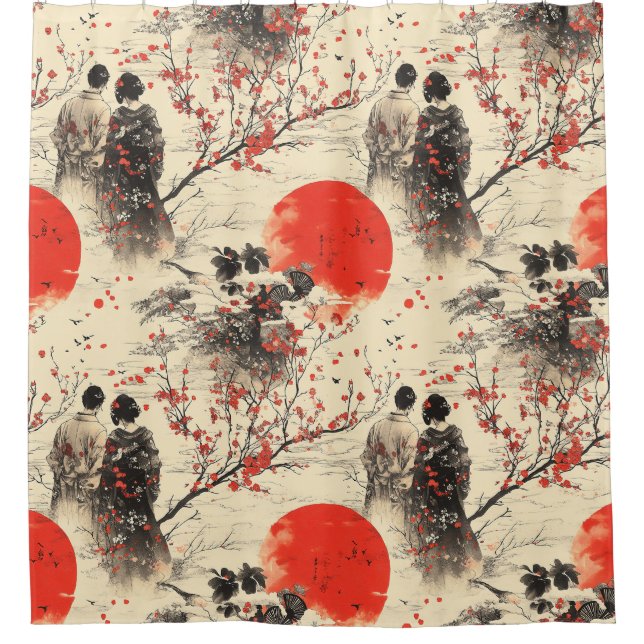 Romantisches Sakura-Kimono-Paar-Muster (3) Duschvorhang (Vorderseite)