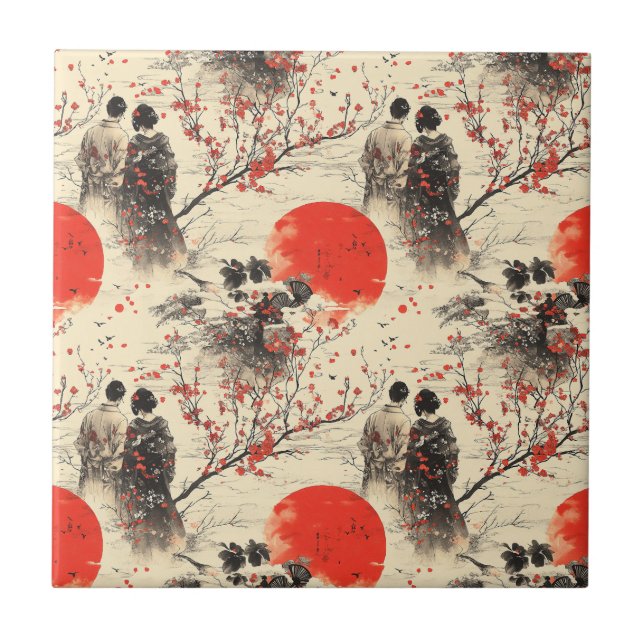 Romantisches Sakura-Kimono-Paar-Muster (3) Fliese (Vorderseite)