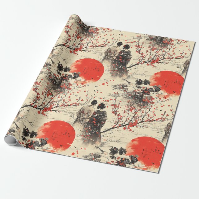 Romantisches Sakura-Kimono-Paar-Muster (3) Geschenkpapier (Ungerollt)