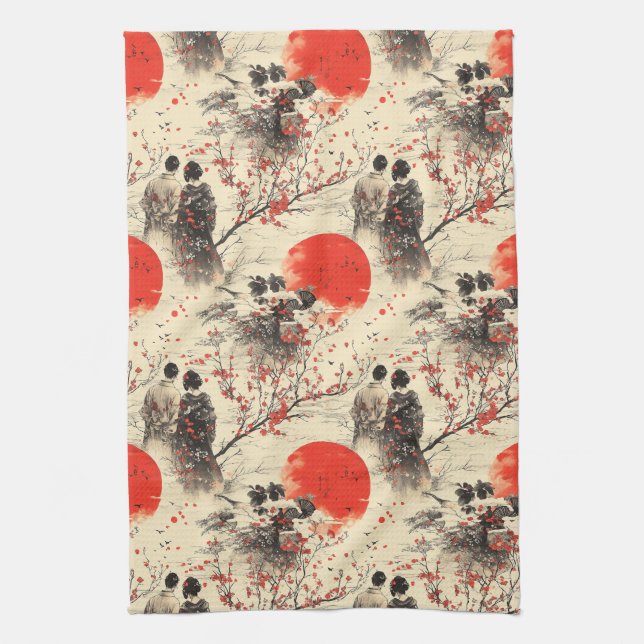 Romantisches Sakura-Kimono-Paar-Muster (3) Geschirrtuch (Vertikal)