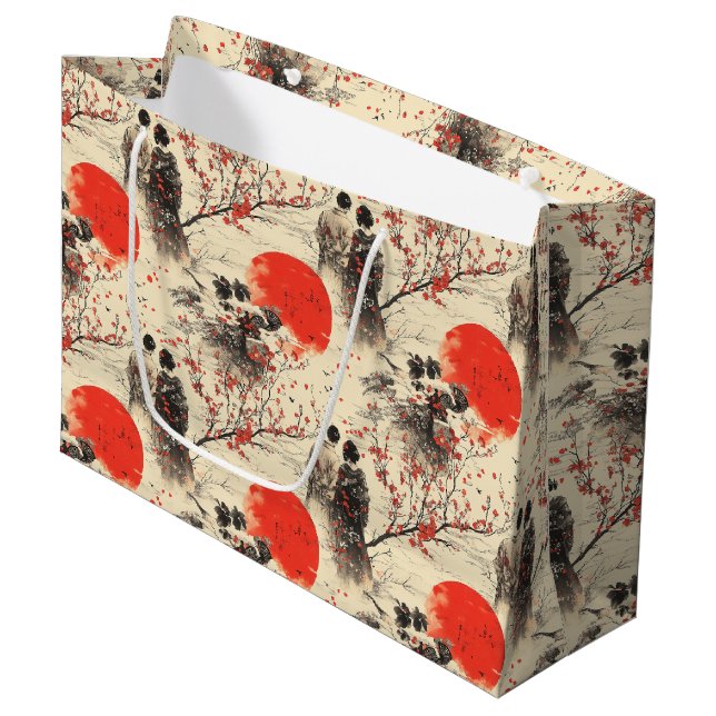 Romantisches Sakura-Kimono-Paar-Muster (3) Große Geschenktüte (Vorderseite Schrägansicht)