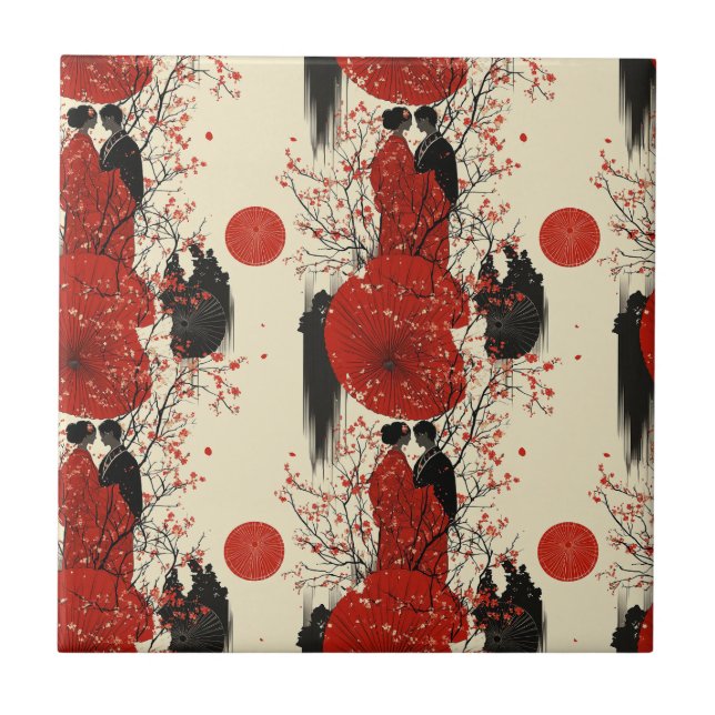 Romantisches Sakura-Kimono-Paar-Muster (4) Fliese (Vorderseite)