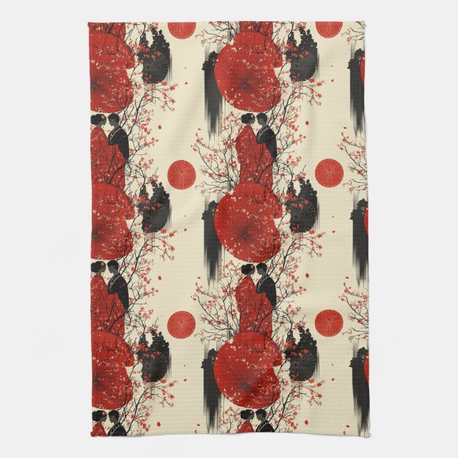 Romantisches Sakura-Kimono-Paar-Muster (4) Geschirrtuch (Vertikal)