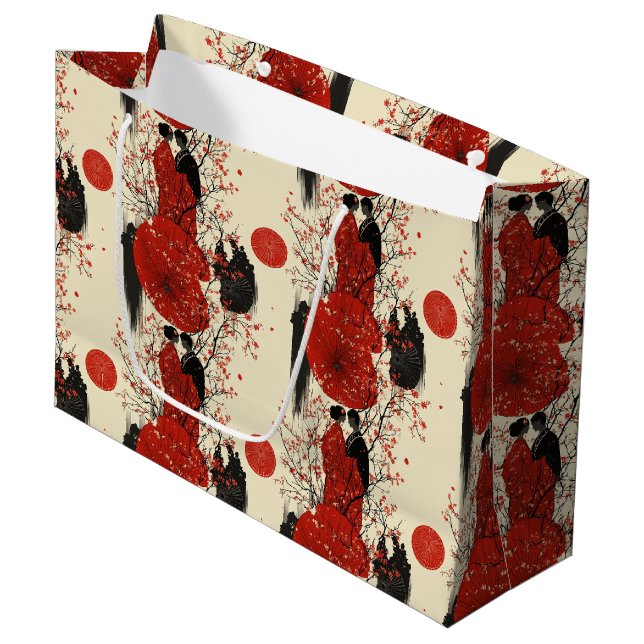 Romantisches Sakura-Kimono-Paar-Muster (4) Große Geschenktüte (Vorderseite Schrägansicht)