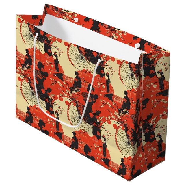 Romantisches Sakura-Kimono-Paar-Muster (5) Große Geschenktüte (Vorderseite Schrägansicht)